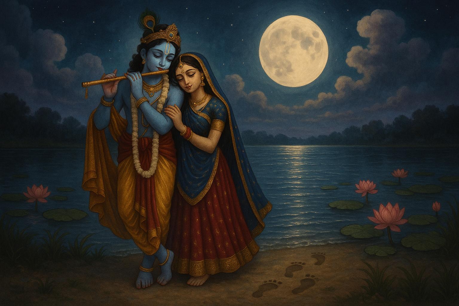 Radha and Krishna near a lake under moonlight for Aa Nabh Jhukyu